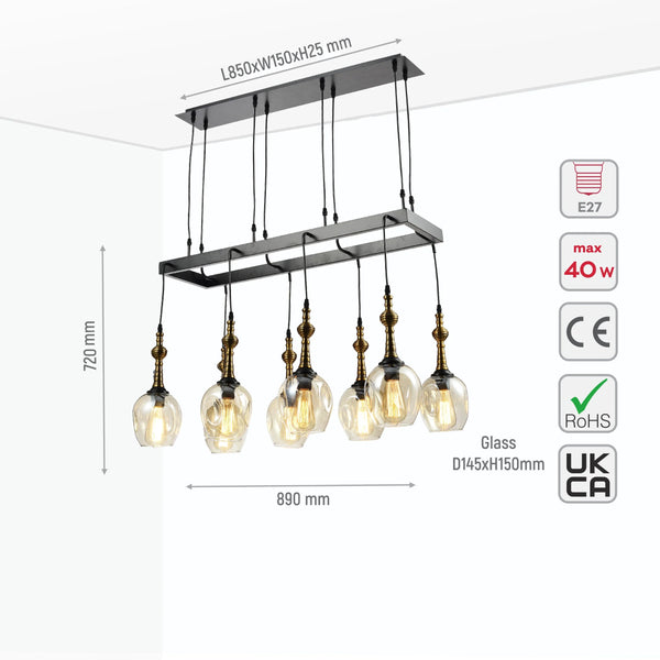 Amber Cone Glass Black Metal Island Ceiling Chandelier Light 8xE27