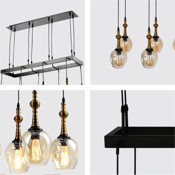 Amber Cone Glass Black Metal Island Ceiling Chandelier Light 8xE27