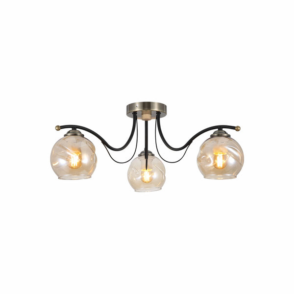 Amber Glass Dome Black and Antique Brass Metal Semi Flush Ceiling Light E27