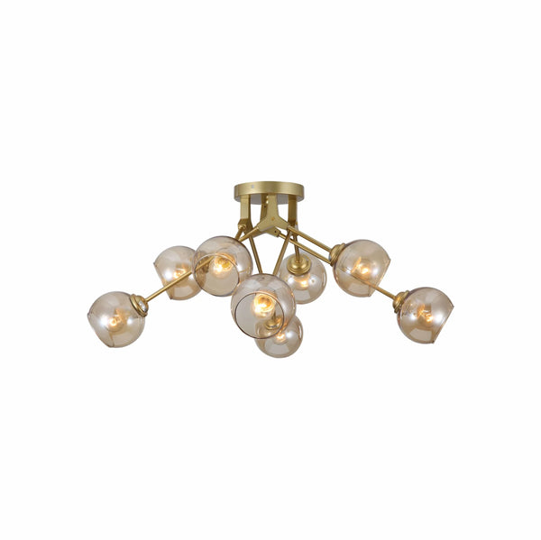 Amber Glass Dome Gold Aluminium Bronze Wishbone Semi Flush Ceiling Light E27