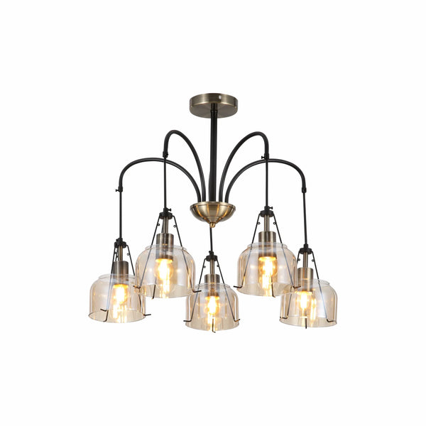 Amber Glass Black and Antique Brass Suspended Chandelier Ceiling Light E27