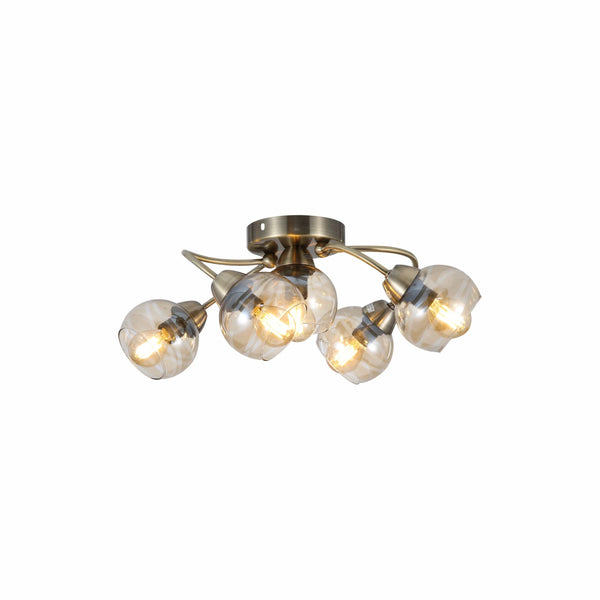 Antique Brass Amber Glass Semi Flush Ceiling Light