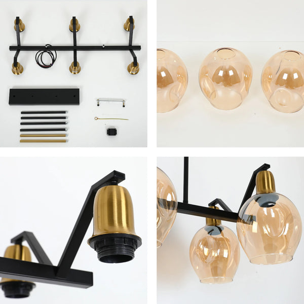 Amber Cone Glass Black Gold Metal Body Island Chandelier Ceiling Light 6xE27 Fitting