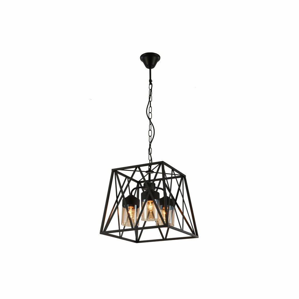 Black Metal Body Amber Cylinder Glass Cage Cuboid Chandelier Ceiling Light 3xE27