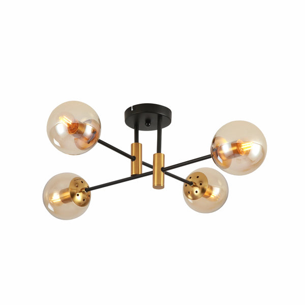 Opal Clear Amber Glass Globe Gold and Black Metal Semi Flush Ceiling Light E27