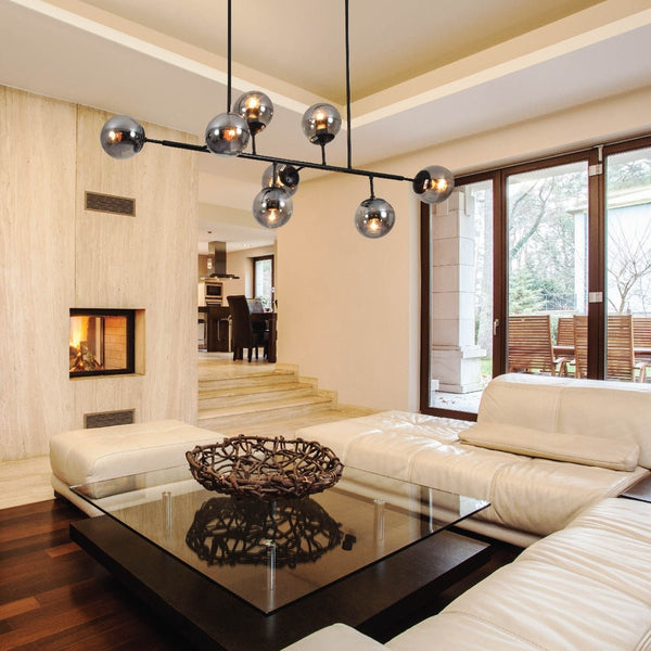 Modern Molecule Style Amber Smoky Opal Glass Globe Gold Black Metal Body Island Chandelier Ceiling Light