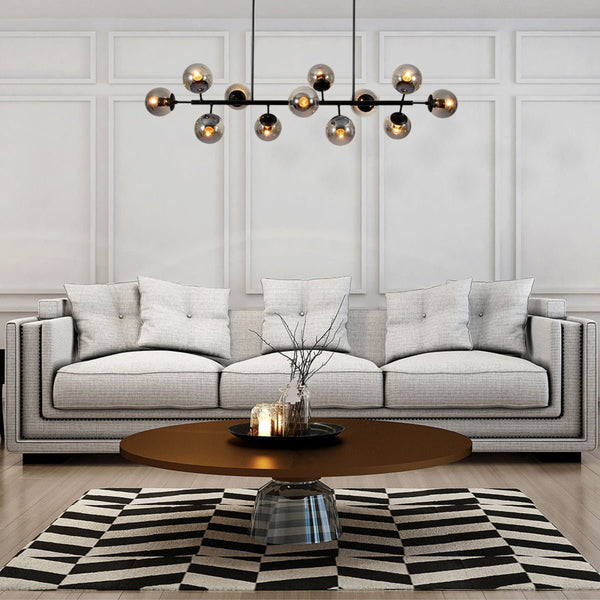 Modern Molecule Style Amber Smoky Opal Glass Globe Gold Black Metal Body Island Chandelier Ceiling Light