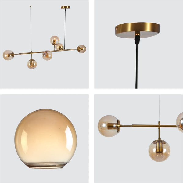 Smoky or Amber Glass Globe Black or Gold Metal Modern Island Chandelier Ceiling Light 6xE27