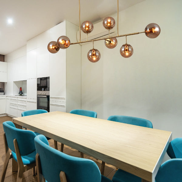 Modern Molecule Style Amber Smoky Opal Glass Globe Gold Black Metal Body Island Chandelier Ceiling Light