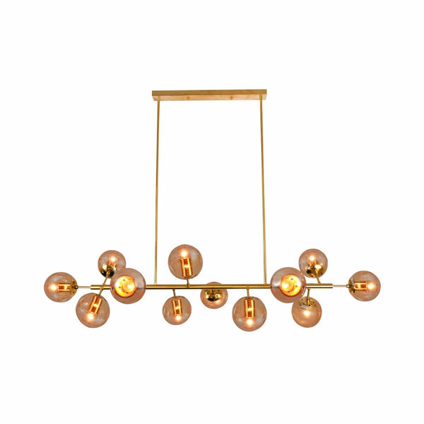 Modern Molecule Style Amber Smoky Opal Glass Globe Gold Black Metal Body Island Chandelier Ceiling Light