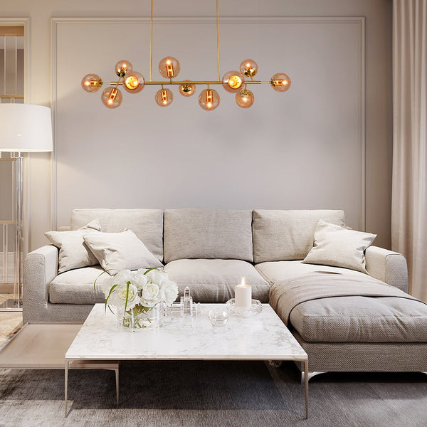 Modern Molecule Style Amber Smoky Opal Glass Globe Gold Black Metal Body Island Chandelier Ceiling Light