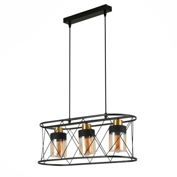 Black Cage Metal Amber Cylinder Glass Island Chandelier Ceiling Light 3xE27s
