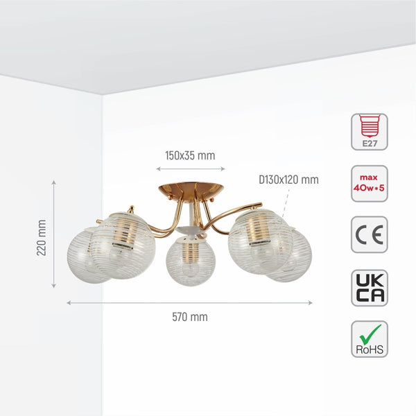 White Striped Clear Globe Gold Semi Flush Ceiling Light E27