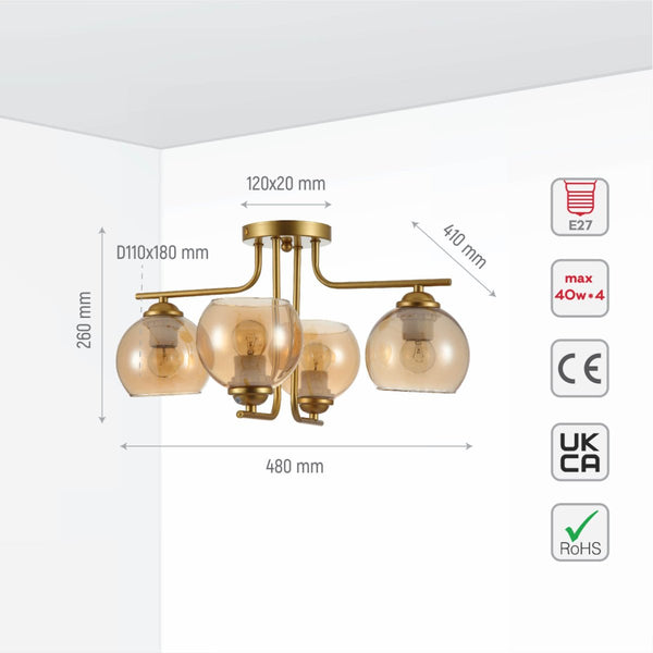 Gold L shape Metal Amber Dome Glass Ceiling Light E27 Fittings