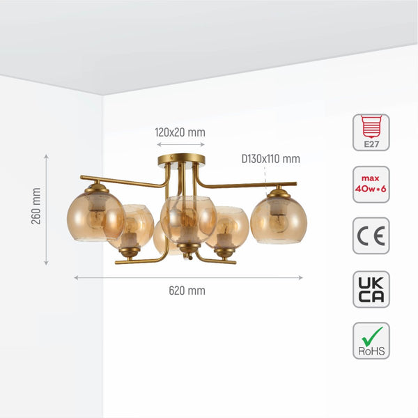 Gold L shape Metal Amber Dome Glass Ceiling Light E27 Fittings