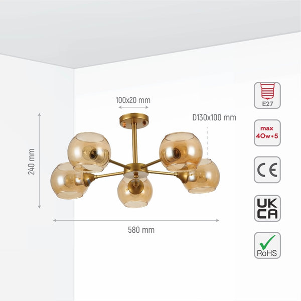 Amber Sides Open Globe Glass Gold Semi Flush Ceiling Light E27