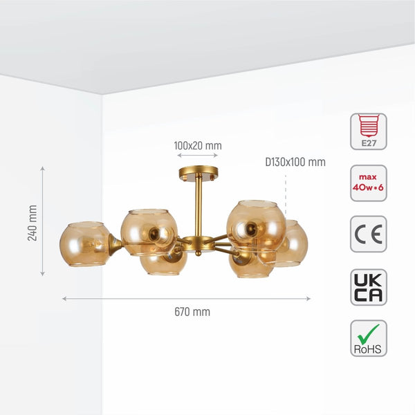 Amber Sides Open Globe Glass Gold Semi Flush Ceiling Light E27