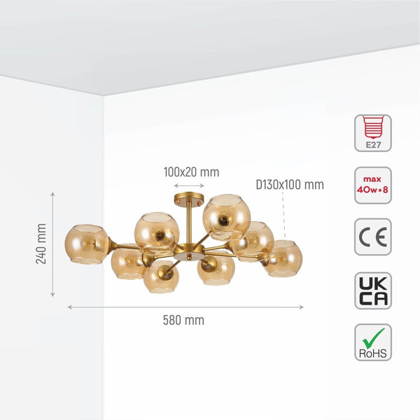 Amber Sides Open Globe Glass Gold Semi Flush Ceiling Light E27