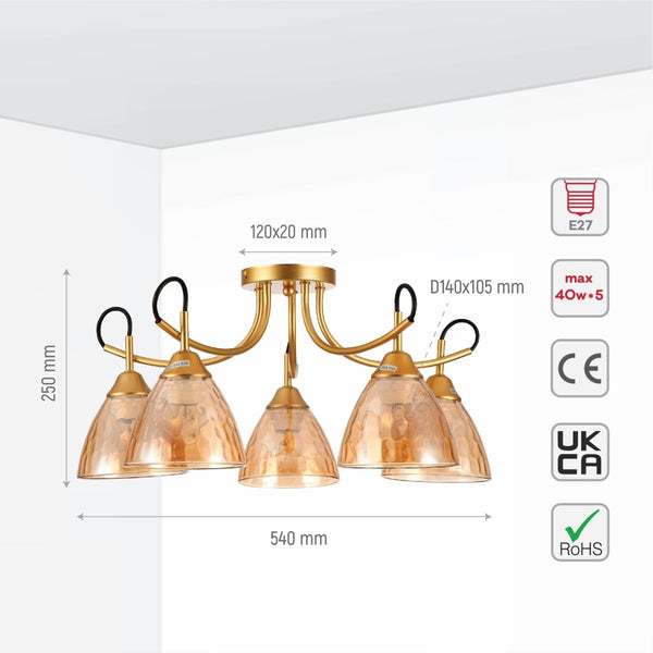 Amber Cone Glass Gold Semi Flush Ceiling Light E27