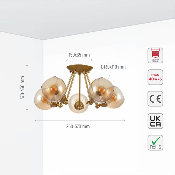 Gold Hinged Metal Amber Dome Glass Ceiling Light E27 Fittings