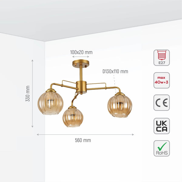 Amber Reeded Globe Glass Gold Metal Industrial Vintage Retro Semi Flush Ceiling Light E27 Fittings