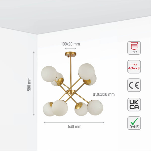 Gold Sputnik Metal Opal Globe Glass Modern Ceiling Light E27 Fittings