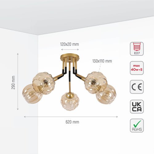 Amber Reeded Globe Glass Gold Metal Vintage Retro Semi Flush Ceiling Light E27 Fittings