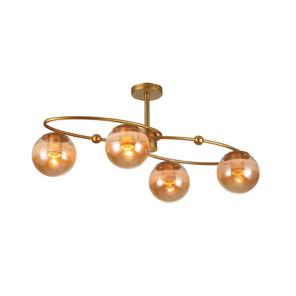 Amber Globe Glass Gold Ellipse Metal Body Semi Flush Modern Ceiling Light with E27 Fittings