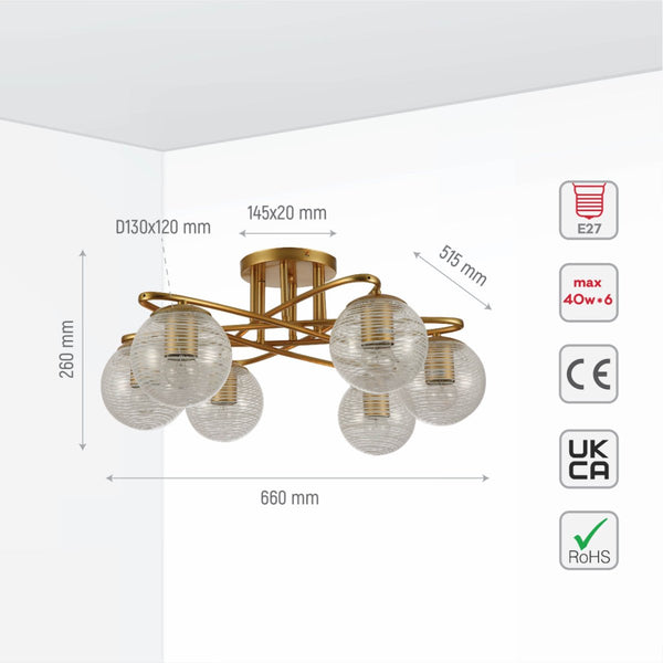 Gold Ellipse Metal Textured Globe Glass Modern Ceiling Light E27 Fittings