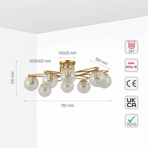 Gold Ellipse Metal Textured Globe Glass Modern Ceiling Light E27 Fittings