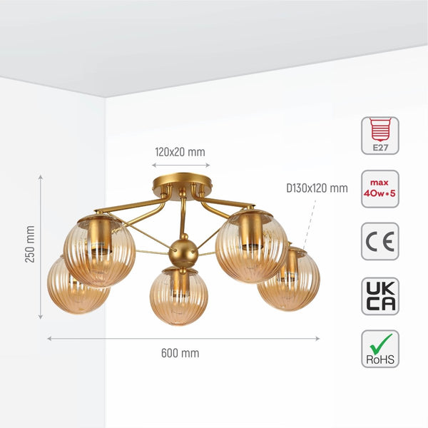 Amber Reeded Globe Gold Semi Flush Ceiling Light E27