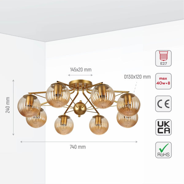 Amber Reeded Globe Gold Semi Flush Ceiling Light E27