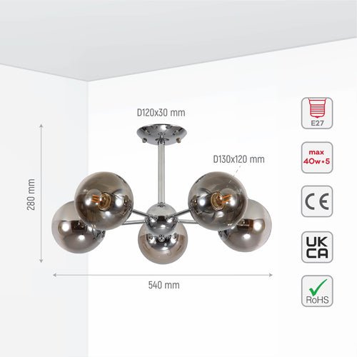 Smoky Globe Glass Chrome Metal Body Sputnik Molecule Modern Ceiling Light E27 Fittings