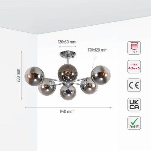 Smoky Globe Glass Chrome Metal Body Sputnik Molecule Modern Ceiling Light E27 Fittings