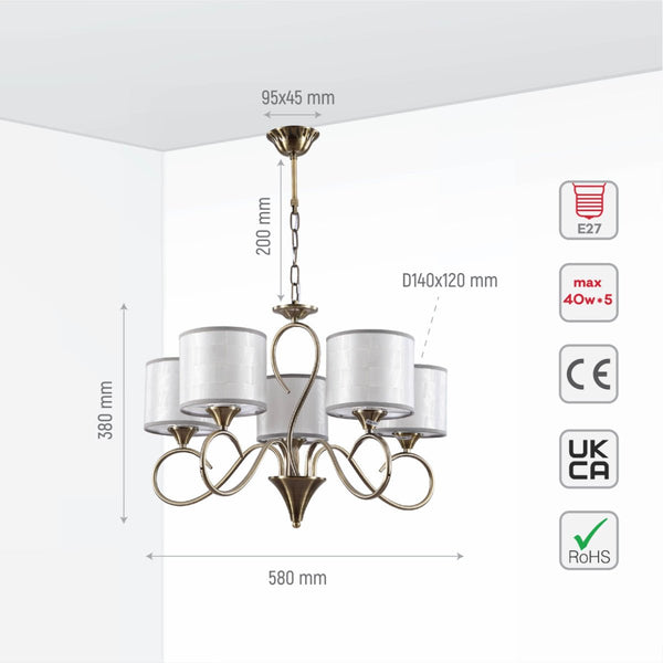Antique Brass Arm Grey Cylinder Shaded Candle Vintage Chandelier Ceiling Light E27 Fittings