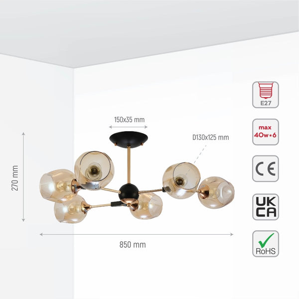 Amber Bell Glass Sputnik Gold Semi Flush Ceiling Light E27