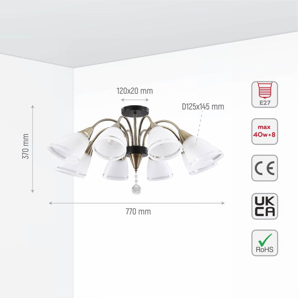 Petal Snowdrop Cone Glass Antique Brass Semi Flush Ceiling Light E27