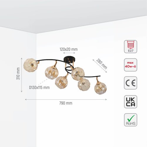 Amber Reeded Globe Glass Black Gold Metal Body Vintage Retro Semi Flush Ceiling Light E27 Fittings