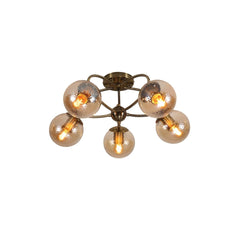 Textured Amber Globe Antique Brass Semi Circle Arm Semi Flush Ceiling Light