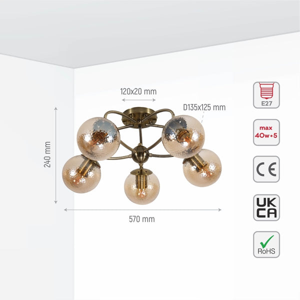 Textured Amber Globe Antique Brass Semi Circle Arm Semi Flush Ceiling Light