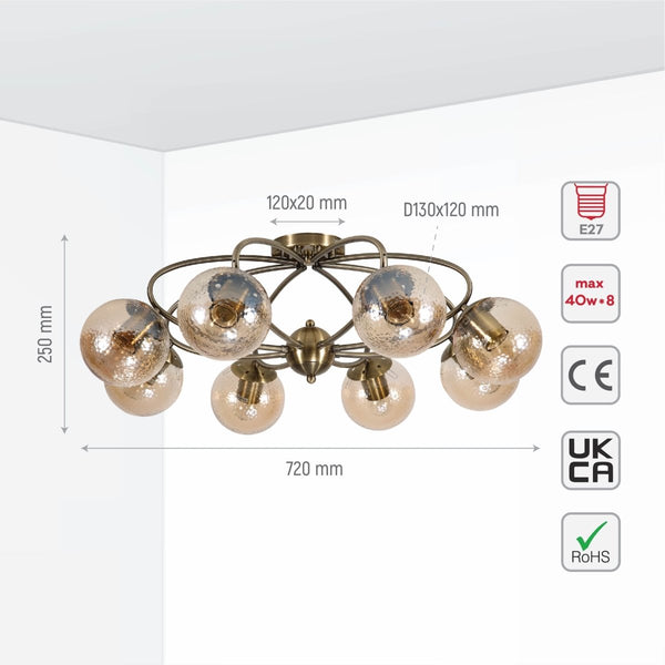 Textured Amber Globe Antique Brass Semi Circle Arm Semi Flush Ceiling Light