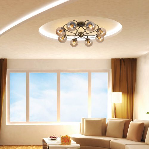 Textured Amber Globe Antique Brass Semi Circle Arm Semi Flush Ceiling Light
