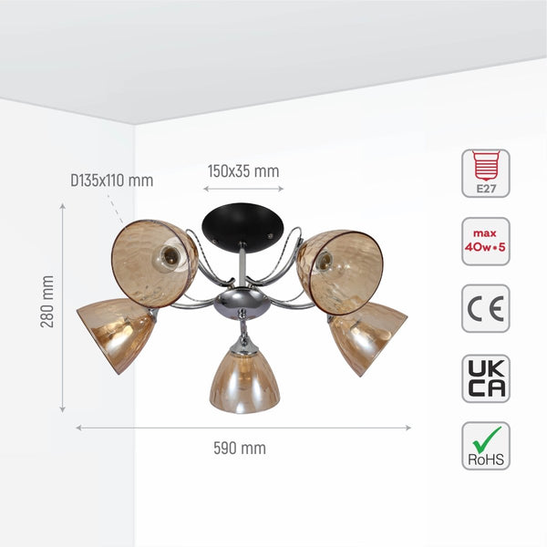Textured Clear Cone Glass Chrome Semi Flush Ceiling Light