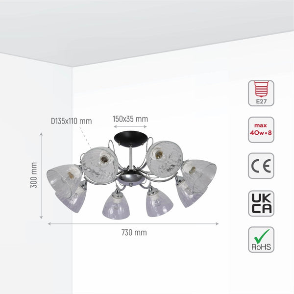 Textured Clear Cone Glass Chrome Semi Flush Ceiling Light