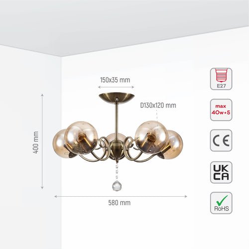 Amber Globe Glass Antique Brass Metal Body Vintage Retro Crystal Ceiling Light E27 Fittings
