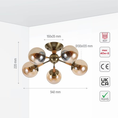 Amber Globe Glass Antique Brass Metal Wood Body Vintage Retro Molecule Ceiling Light E27 Fittings