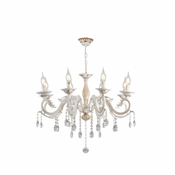 Traditional French Vintage Retro Candle Metal and Crystal Gold Aged Cream Arm Chandelier Ceiling Light E14