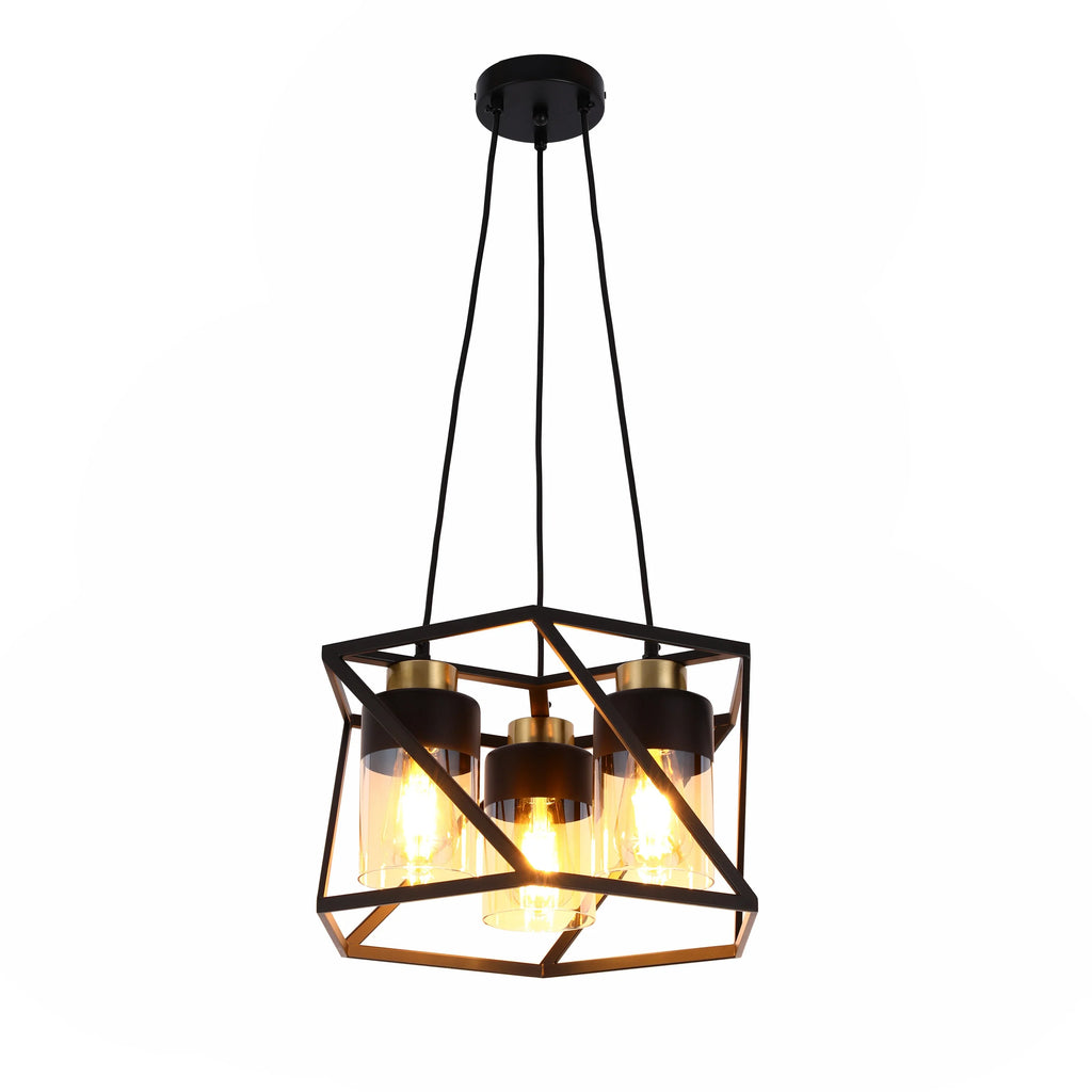 3-Light Black & Gold Pendant Light with Cylinder Amber Glass Shades