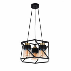 3-Light Black & Gold Pendant Light with Cylinder Amber Glass Shades