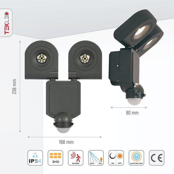 Wall-A Double Head Security Floodlight with PIR Sensor 20W Cool White 4000K